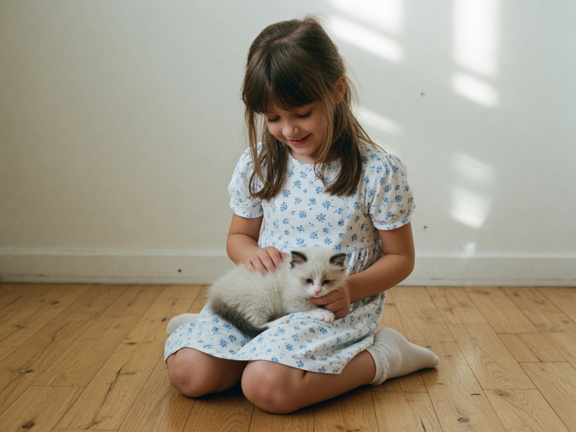 An eight-year-old girl in a white, blue, and floral dress playing with Ragdoll kittens