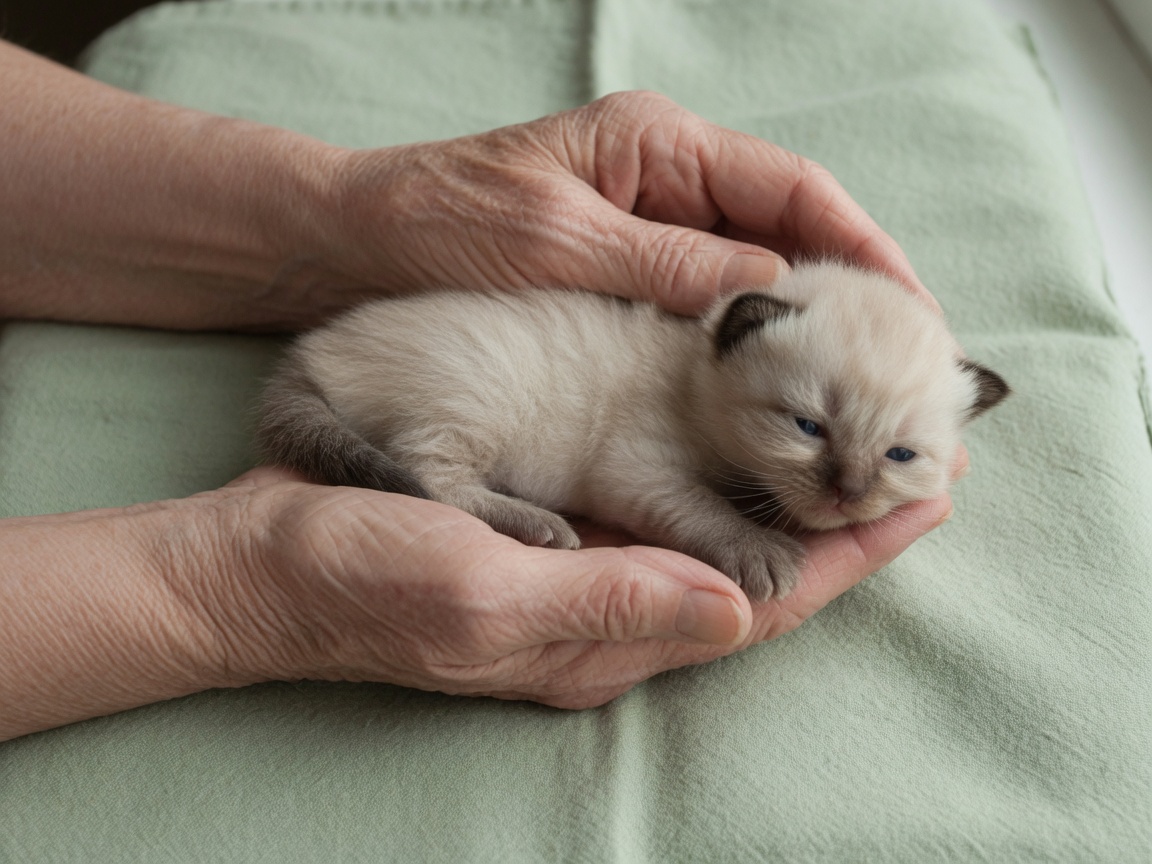 Tiny Ragdoll kittens held in a grandmother’s hands